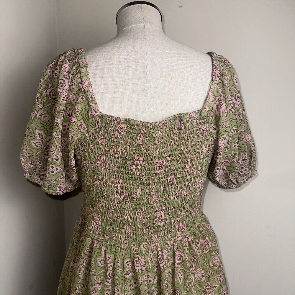 NWT Japna Olive Green Pink Floral Smocked Dress Puffy Sleeves Size X-Large NEW7 - Picture 8 of 9